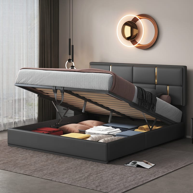Queen Size Upholstered Platform Bed with Hydraulic Storage System