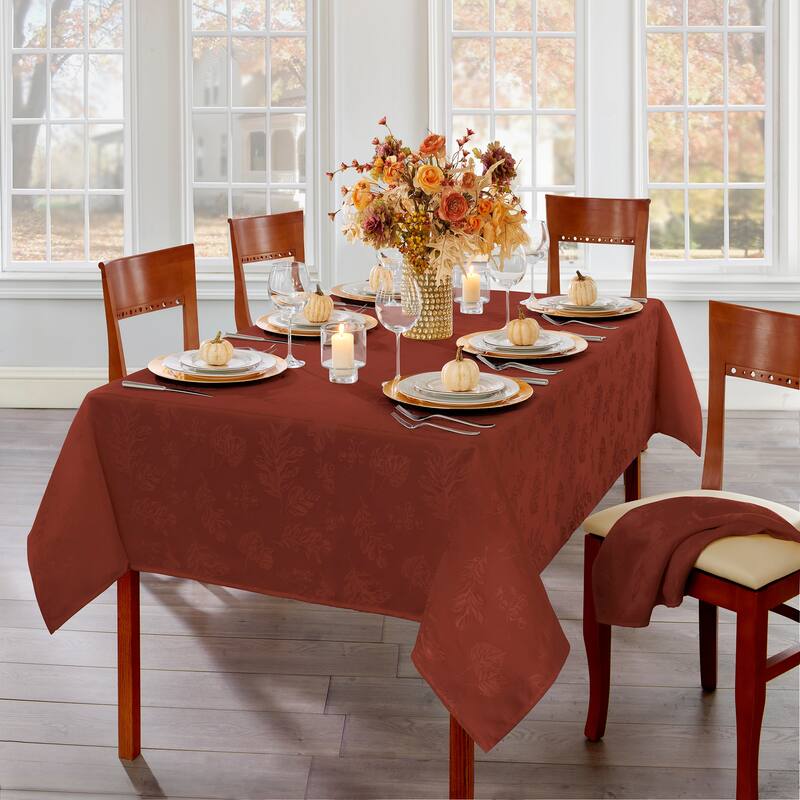 Elegant Woven Leaves Jacquard Damask Tablecloth - 60"x120" - Spice Red