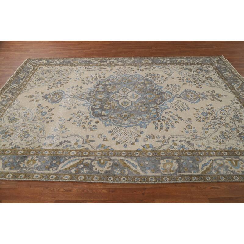 Tabriz Persian Area Rug Handmade Beige Wool Carpet - 6'7"x 9'8"