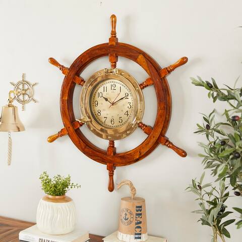 Gold Wood Nautical Ship Wheel Wall Clock - 30 x 3 x 30