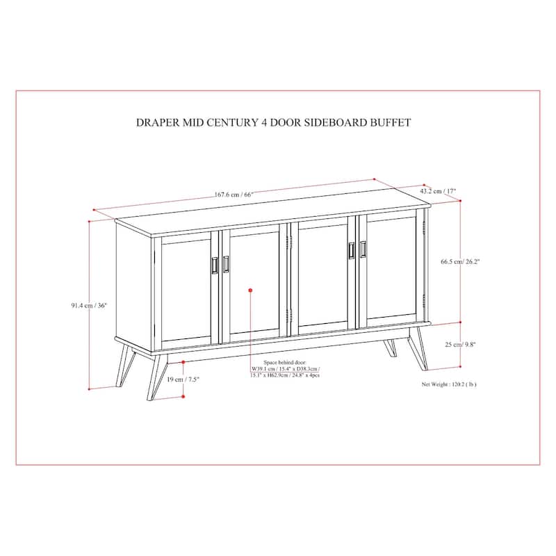 WYNDENHALL Tierney SOLID HARDWOOD 66 inch Wide Rectangle Modern 4 Door Sideboard Buffet in Teak Brown - 17" D x 66" W x 36" H
