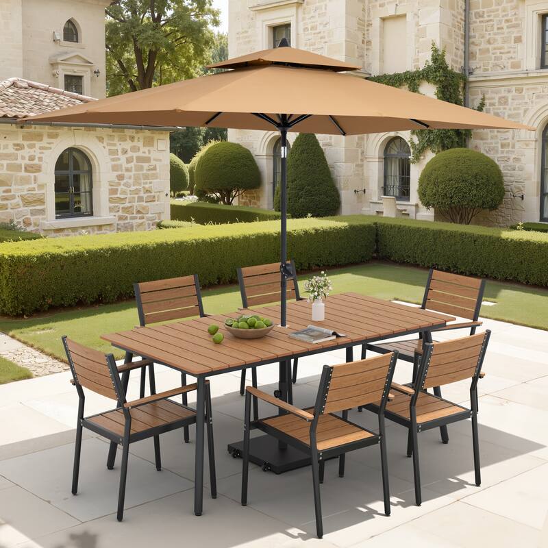 9-Piece Outdoor Dining Set Aluminum Table and 8 Stackable Chairs and 10 ft Umbrella with Base - Brown Table with Tan Umbrella