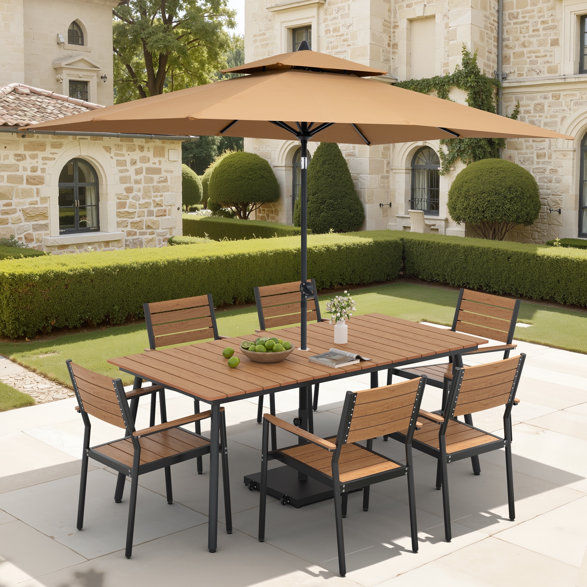 9-Piece Outdoor Dining Set Aluminum Table and 8 Stackable Chairs and 10 ft Umbrella with Base