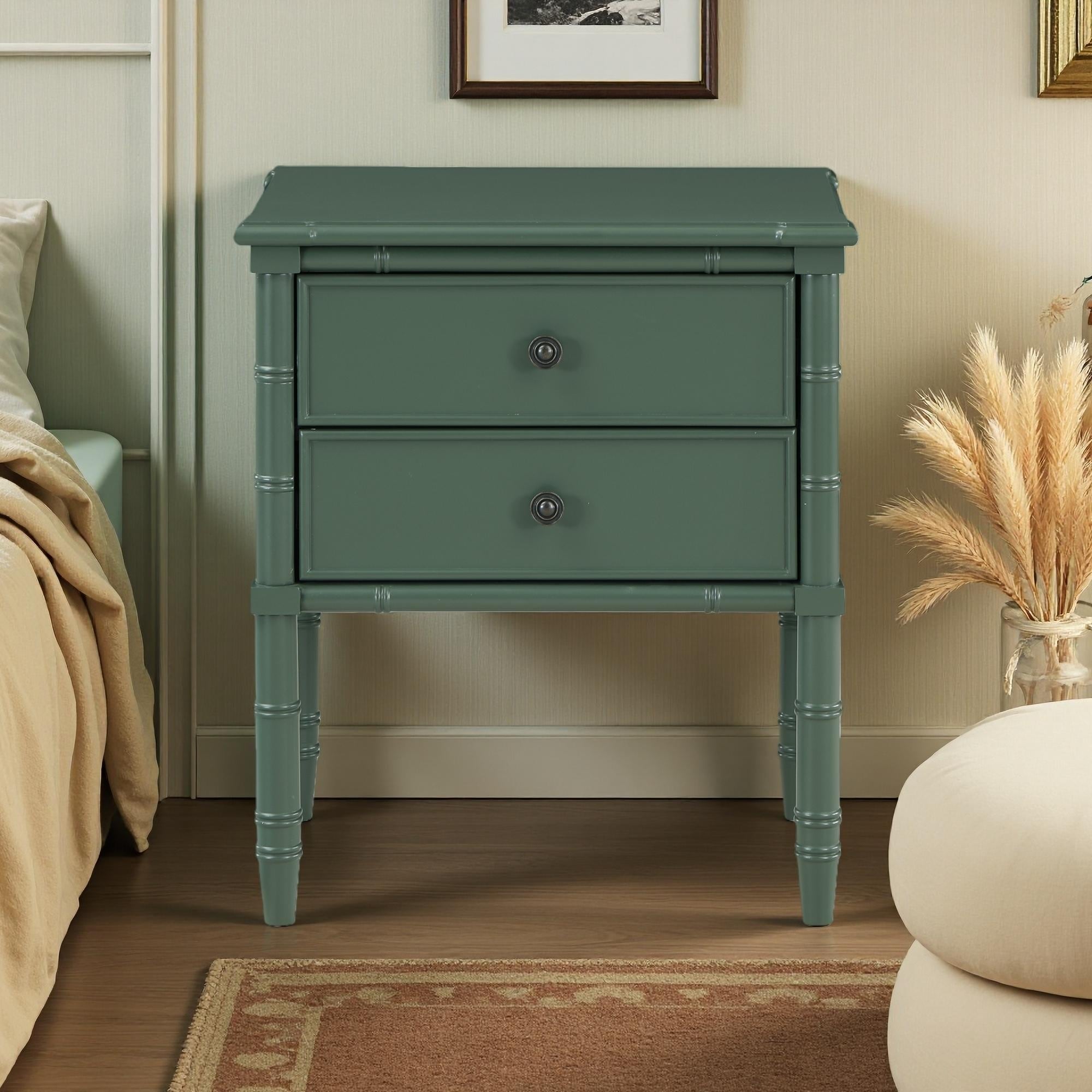 23"L 2-Drawer Nightstand with Carved Bamboo Legs, Shaped Top, Antique Brass Knobs, and Full Extension Glides