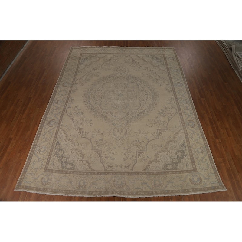 Floral Beige Tabriz Persian Area Rug Hand-Knotted Wool Carpet - 9'6"x 12'10"