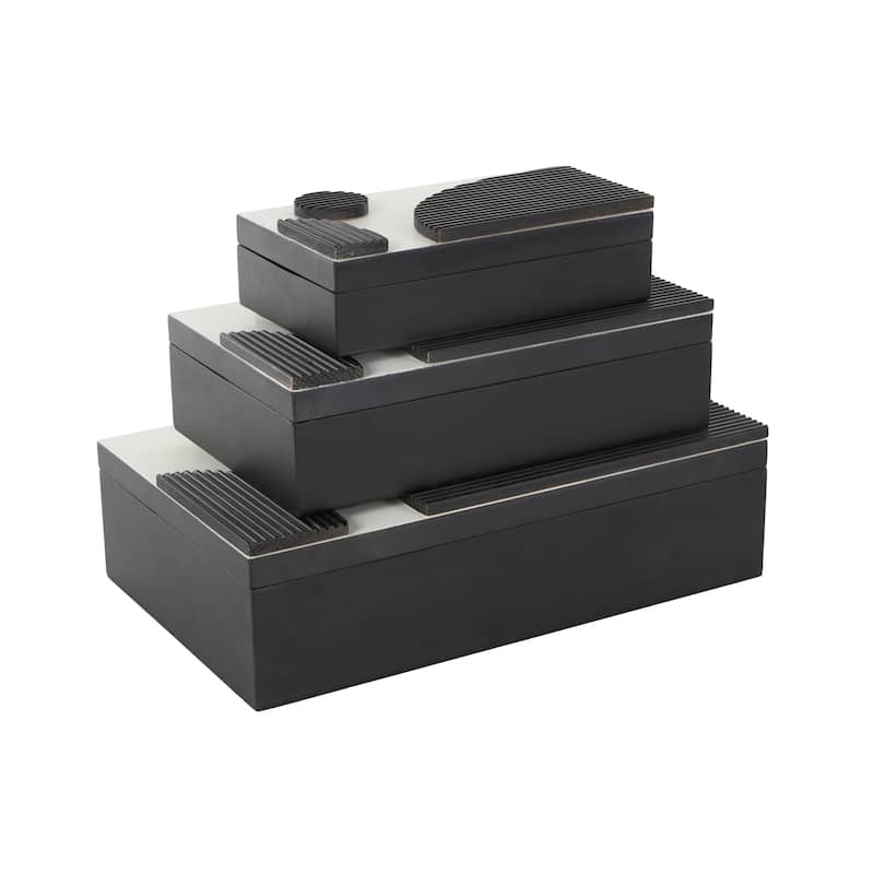 Black Wood Handmade Decorative Box with 3D Geometric Accents (Set of 3) - 9"W x 15"L x 4"H