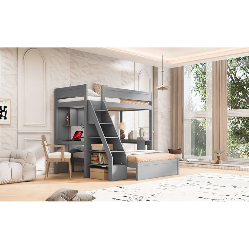 Roomfitters Twin XL Over Full Bunk Bed with Built-In Desk, USB Port and Shelves