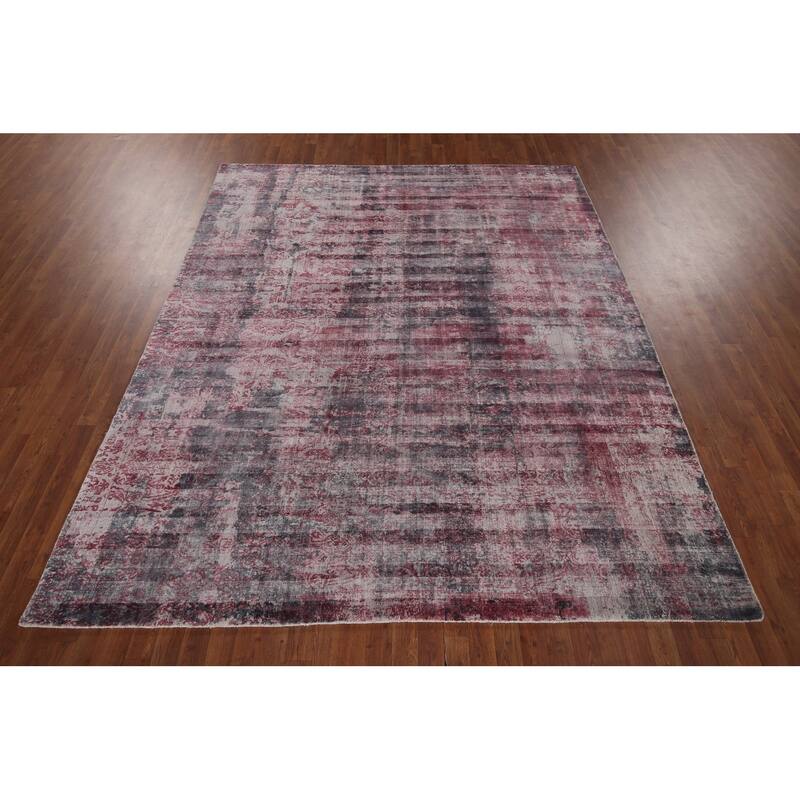 All-Over Red Gray Abstract Indian Area Rug Hand-Knotted Wool Carpet - 7'11"x 9'9"