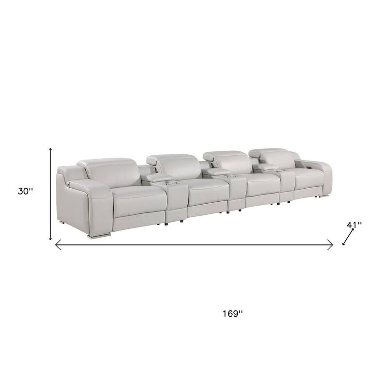 HomeRoots 169" Light Gray Italian Leather Reclining USB Sofa