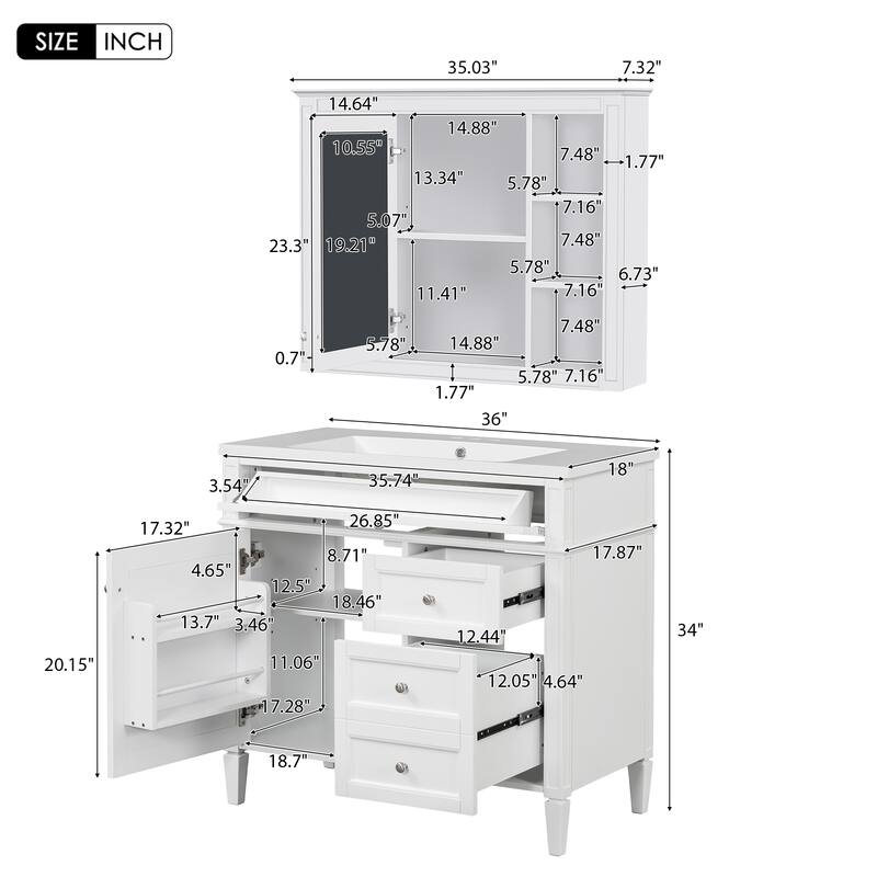 Freestanding Bathroom Vanity & Wall Mounted Mirror Cabinet Set with Resin Sink, Open Shelves, Drawers and Adjustable Shelves