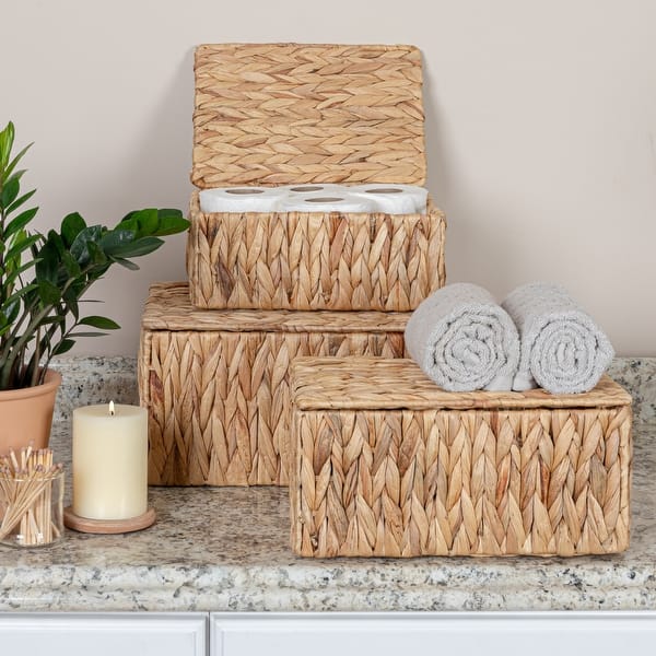 Household Essentials Water Hyacinth Nesting Basket Set with Lid, Set of 3 - 14.2"L x 11.0"W x 7.1"H