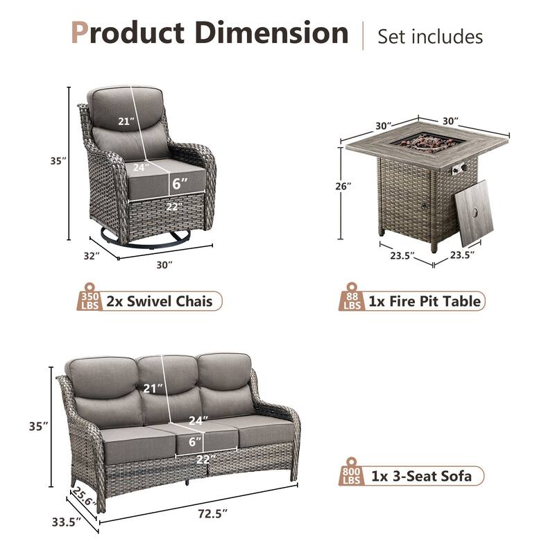Pocassy 4 Pieces Outdoor 6" Sofa Swivel Chair with Fire Pit Table