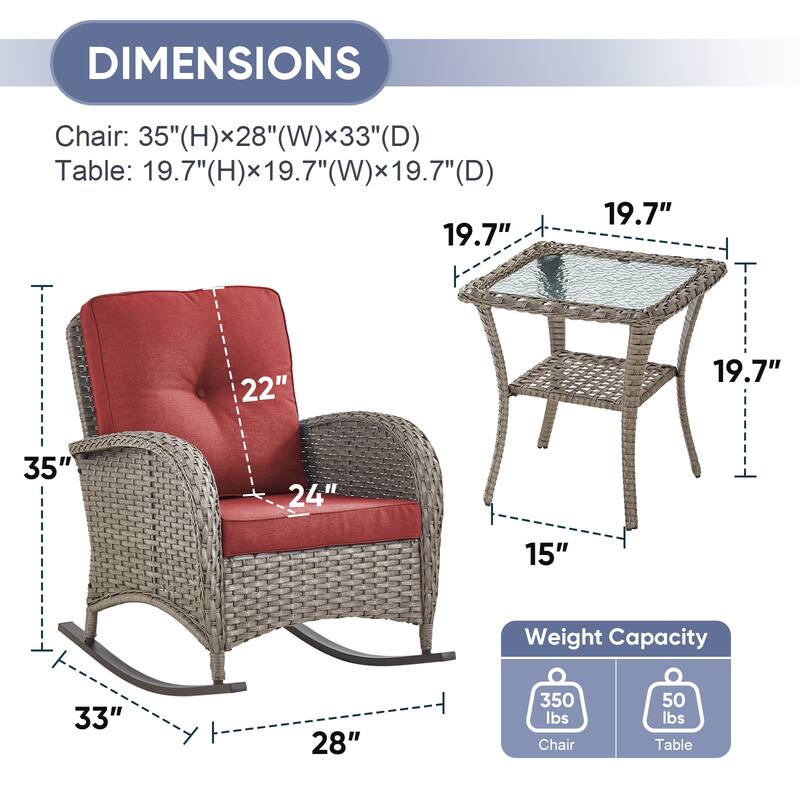 PlainCurve 3-Piece Wicker Outdoor Patio Conversation Set with Rocking Chairs and Olefin Cushions