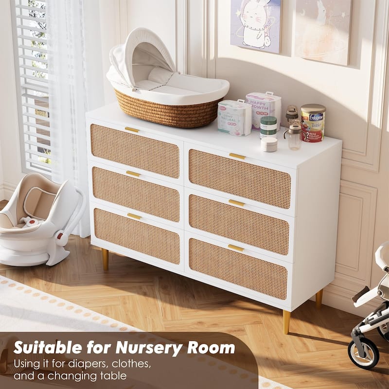 Rattan 6 Drawer Dresser for Bedroom, Large Double Dresser with Deep Drawers, Wooden Chest of Drawers for Closet with Wide Top