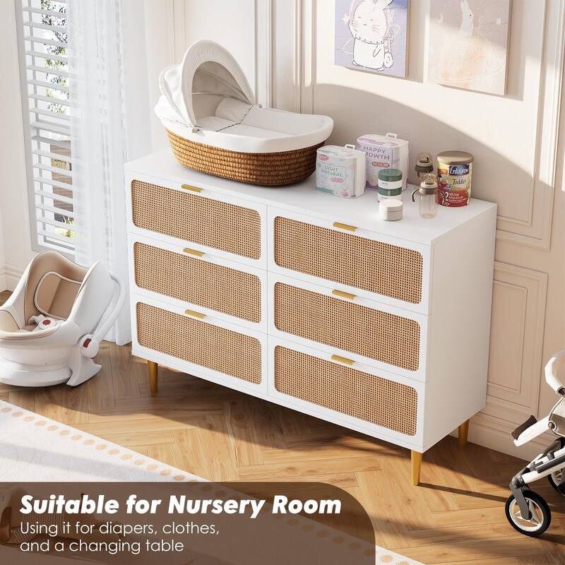 Rattan 6 Drawer Dresser for Bedroom, Large Double Dresser with Deep Drawers