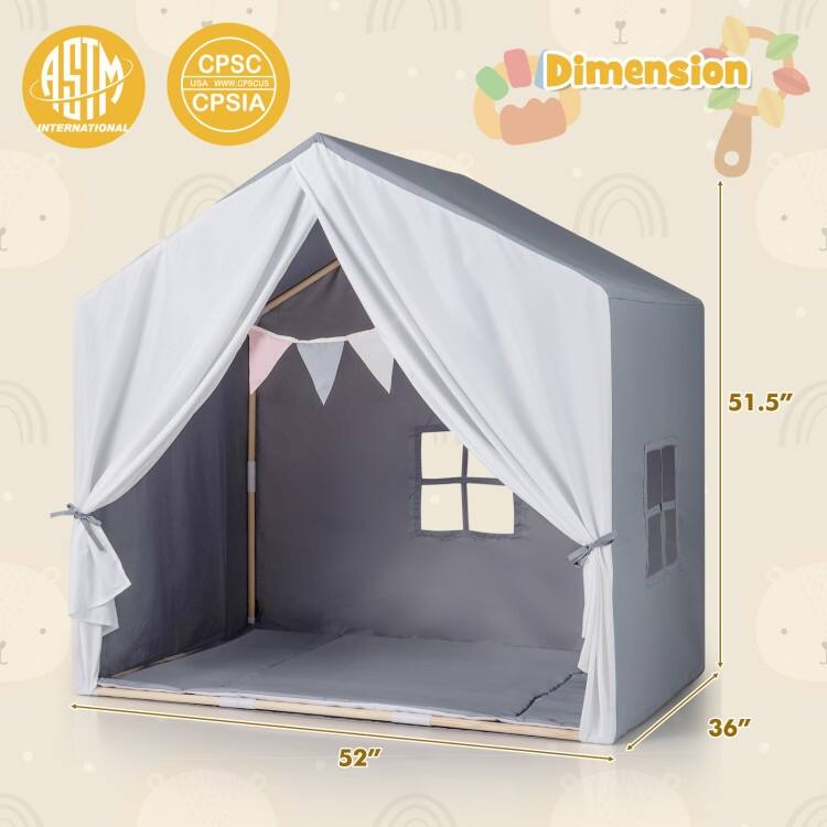 Kid's Play Tent with Washable Cotton Mat and Flag Banner - 52" x 36" x 51.5" (L x W x H)