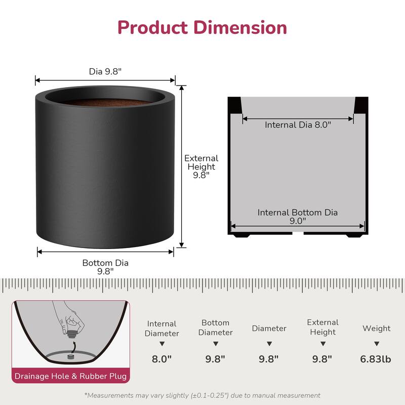 Concrete Tall Round Pot Cylindrical Flower Planter with Drainage Hole