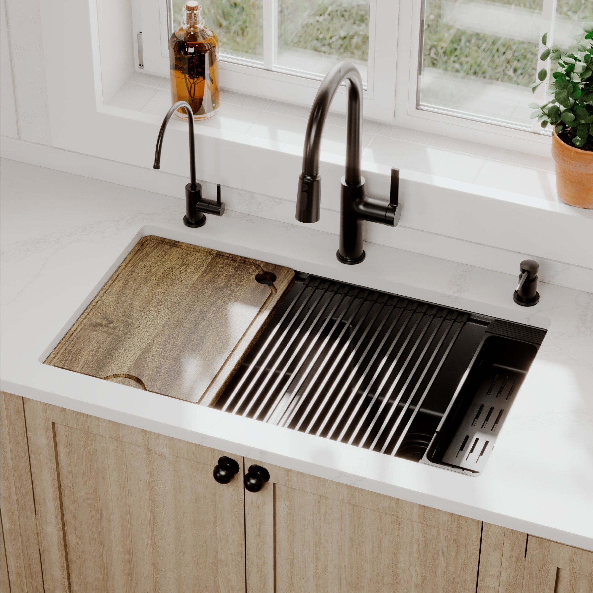 32" Undermount Double Bowl Quartz Kitchen Sink Kit