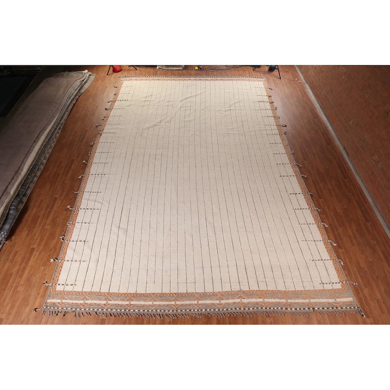 Striped Ivory Moroccan Palace Size Large Rug Hand-Knotted Wool Carpet - 14'2"x 21'6"
