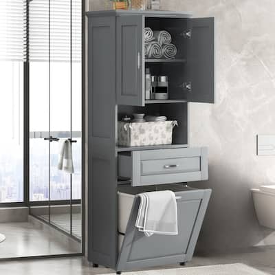 Tall Tilt Out Laundry Hamper Cabinet With Drawer Bathroom Storage Cabinet Shelf With Multiple Storage Space