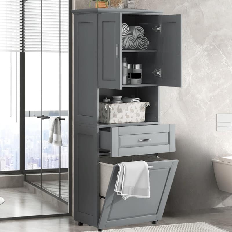 Tall Tilt Out Laundry Hamper Cabinet With Drawer Bathroom Storage Cabinet Shelf With Multiple Storage Space