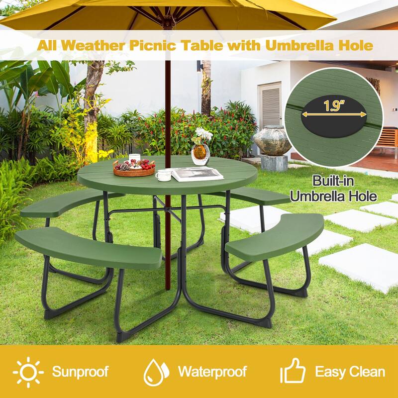 Costway Outdoor 8-person Round Picnic Table Bench Set with 4 Benches & - See Details