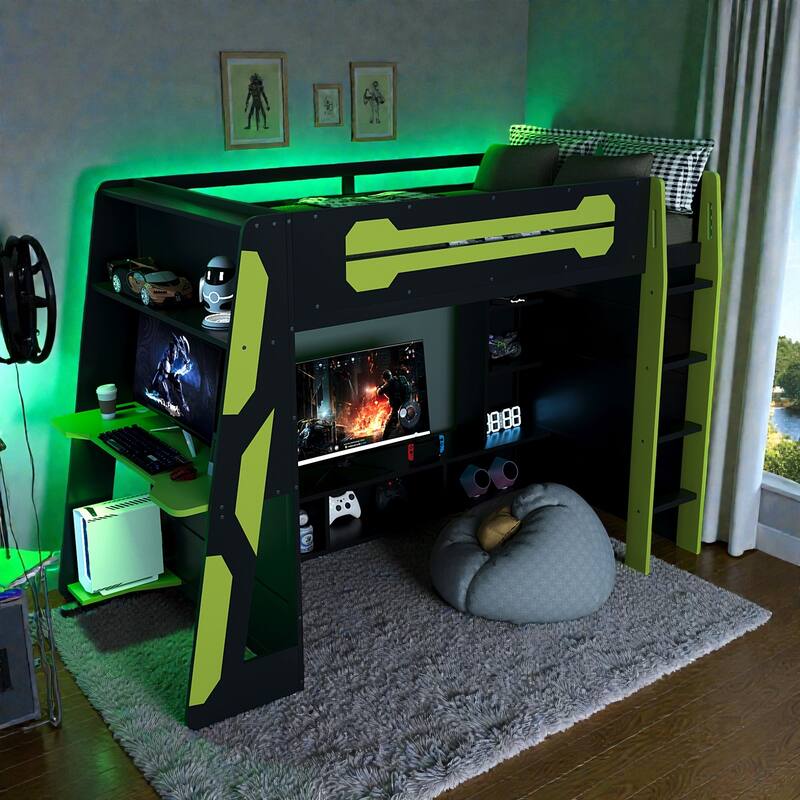 Twin Size Gaming Loft Bed with Desk, Multi-Storage Shelves, RGB Light Strip, Wood Frame, Esports Style Setup