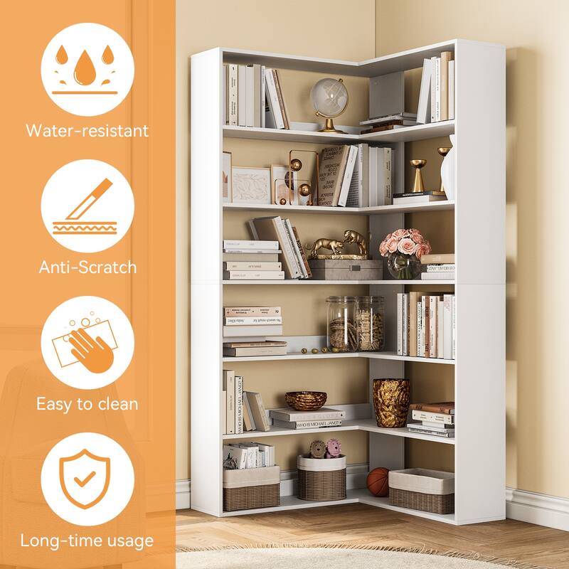 71 inches Corner Bookcase, 6-Tiers L-Shaped Bookshelf