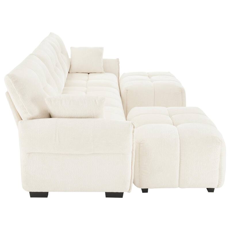 110.2" Chenille 3-Seater Sofa Set with Ottoman and Throw Pillows, Solid Wood Frame