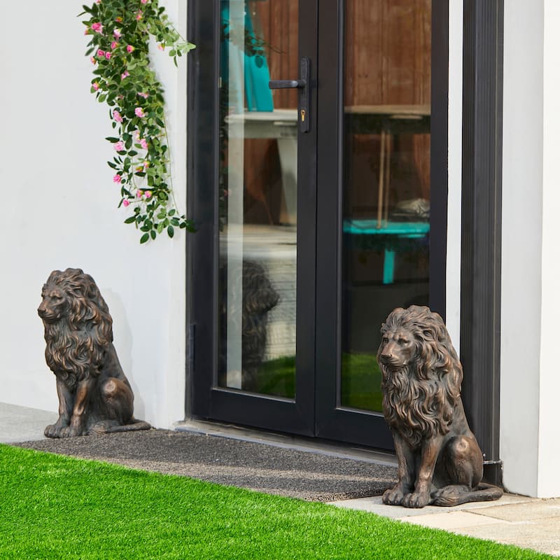 Glitzhome Set of 2 MGO Majestic Sitting Guardian Lion Statues Porch Sculpture Outdoor Indoor - 21" H Bronze