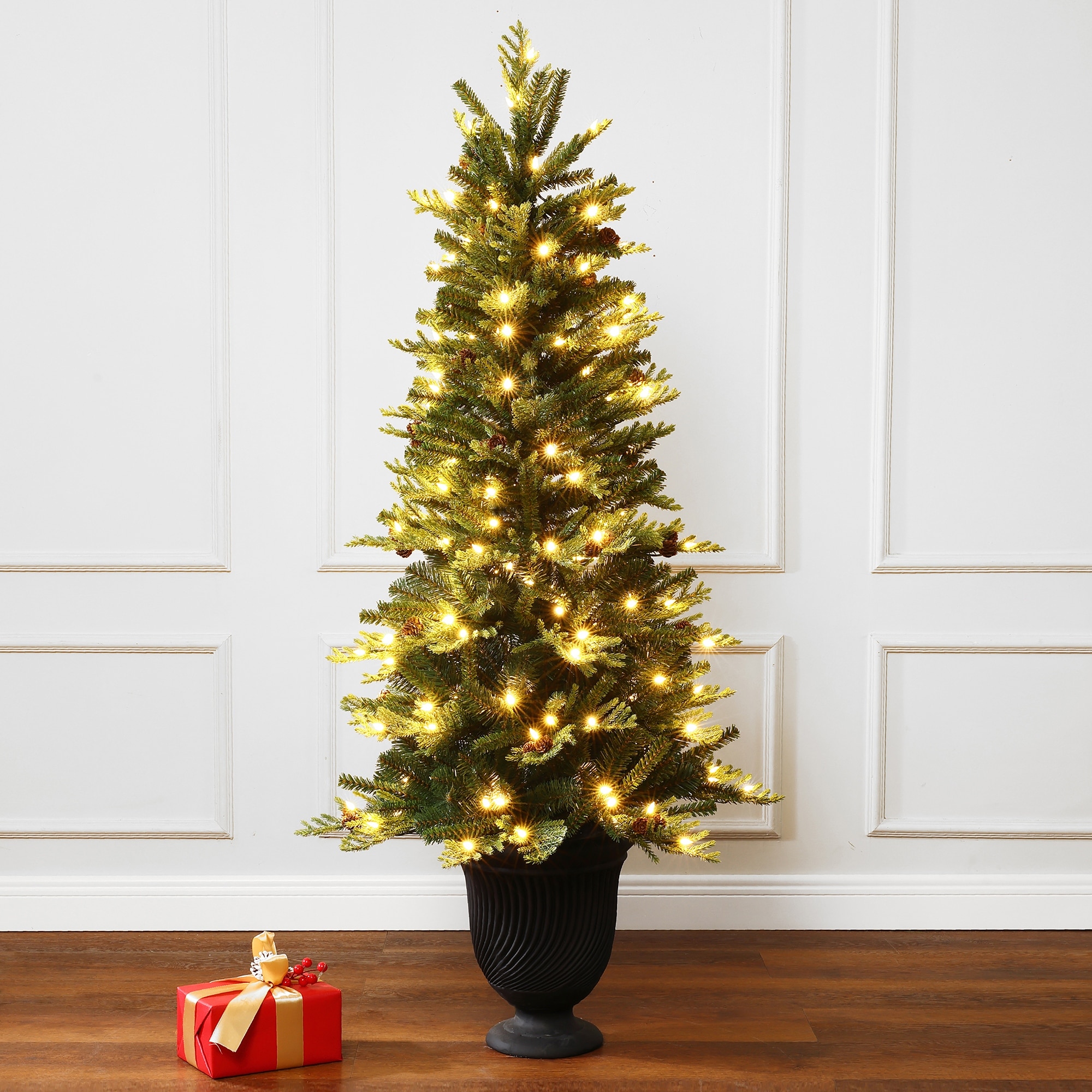 4.5Ft Pre-Lit Artificial Pine Christmas Tree with Pinecones & Urn Planter Pot - 56.4" H x 26.4" Diameter
