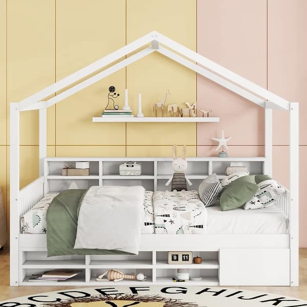slide 2 of 31, Full House Bed with Shelving and Cabinet, Playful Design Full White