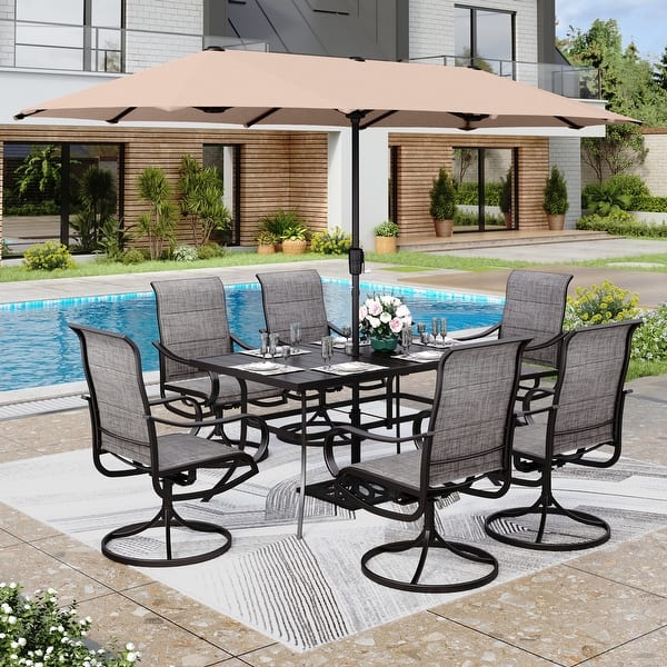 8 pc metal glass top patio table set with umbrella MAISON ARTS 8 PCS Patio Dining Set with 13ft Patio Umbrella