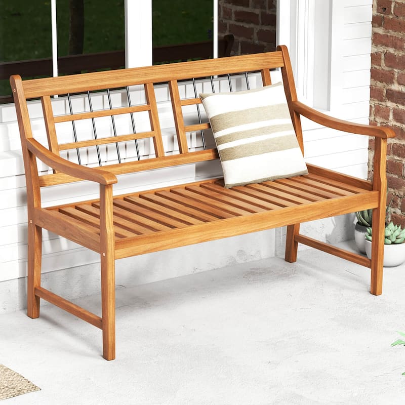 Patio Acacia Wood Bench Wooden 2-Person Outside Chair Outdoor Loveseat