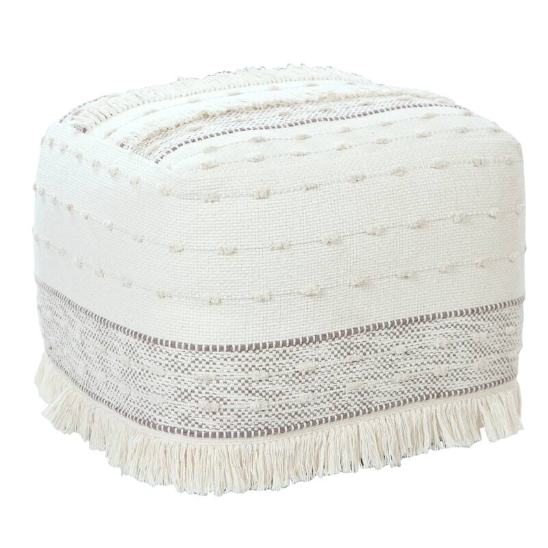 Sevita Ivory and Beige Farmhouse Chic Shag Textured Pouf Ottoman
