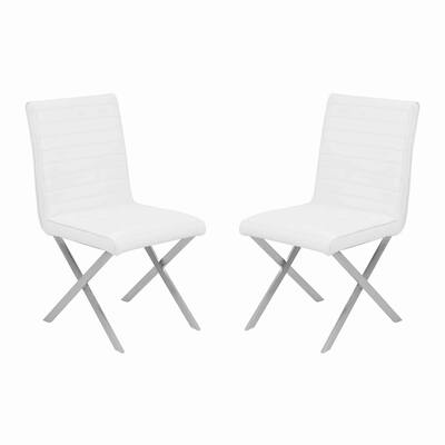Leatherette Dining Chair with X shaped Metal Legs,Set of 2,White and Silver
