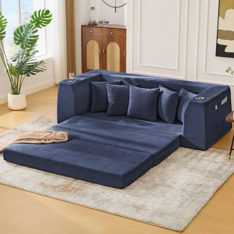 2 in 1 Convertible Sofa Bed, Sleeper Sofa with Storage Pockets, Pull Out Loveseat Couch with Two Cup Holders