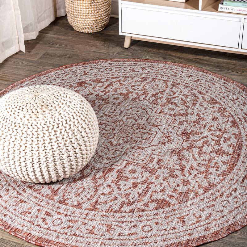JONATHAN Y Rozetta Medallion Textured Weave Indoor/Outdoor Area Rug - 6' Round - Red/Taupe