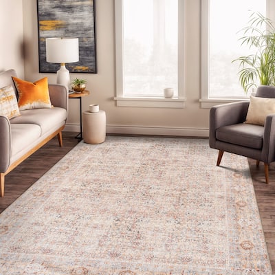 Terracotta Floral Washable Rug - Allover Pattern, Flat Pile