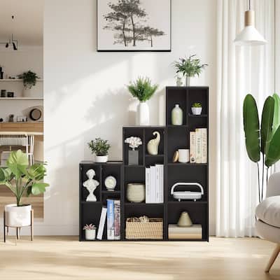 VECELO Wood Organizer Bookcase Fits Tallest Hardcovers Customized Storage Display Shelf Free Standing for Living Room Bedroom