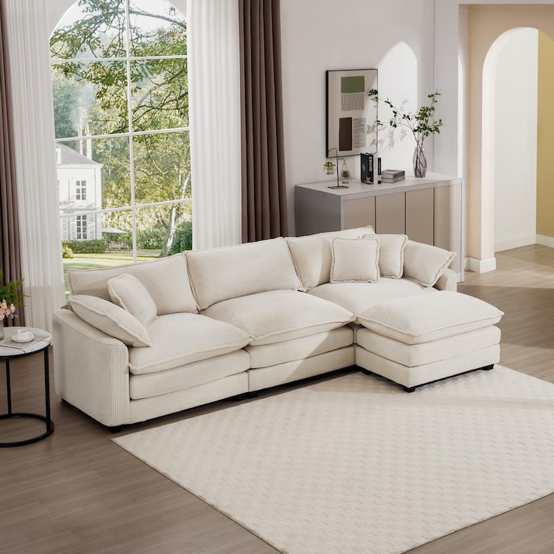 Beige 115" Corduroy Modular L-Shaped Sectional Sofa with Ottoman - Beige