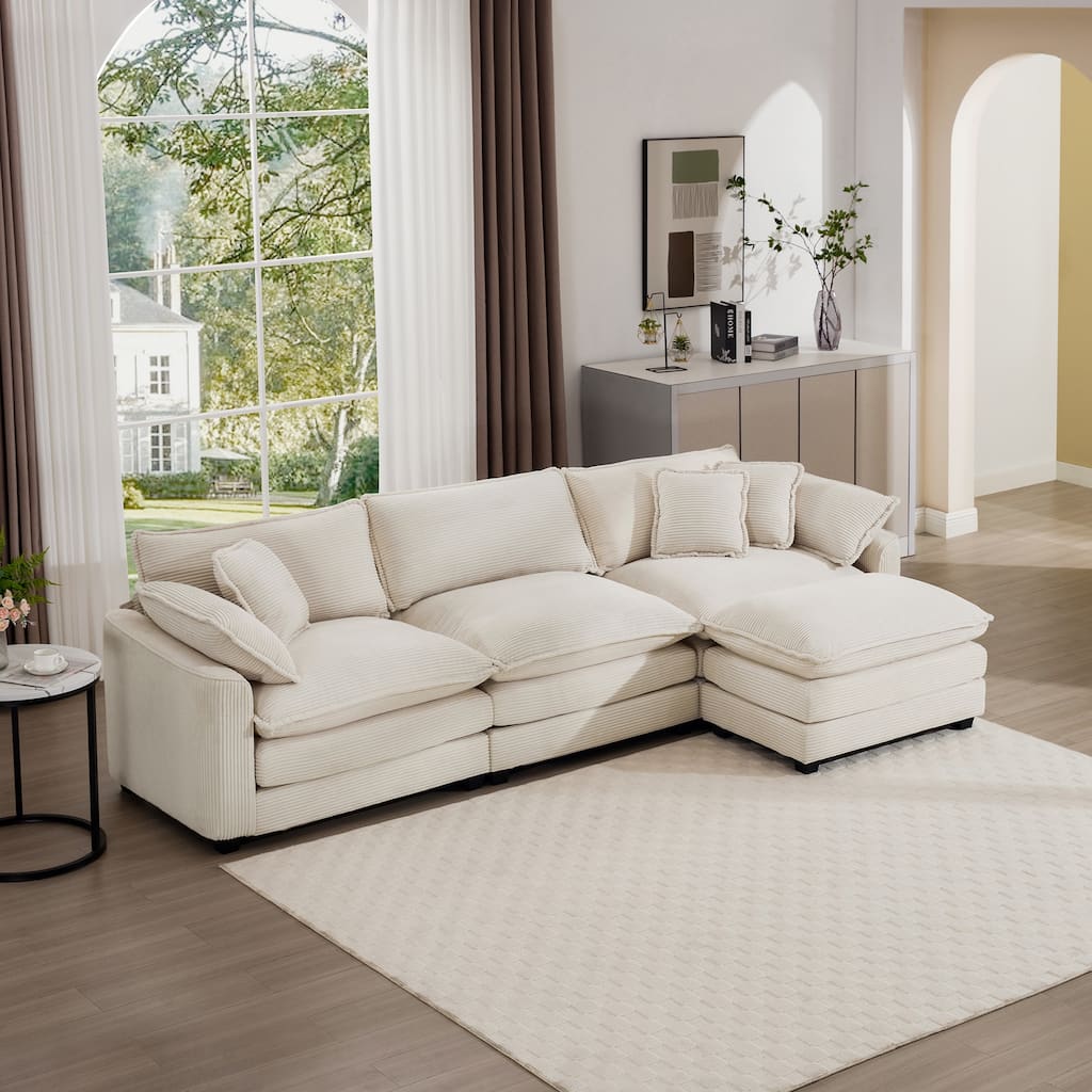 Beige 115" Corduroy Modular L-Shaped Sectional Sofa with Ottoman