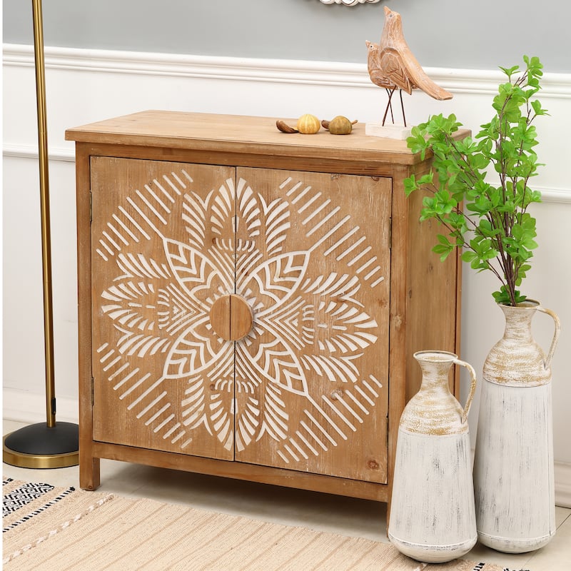 Natural Wood and White Floral 2-Door Storage Cabinet - 32.48" H x 31.5" W x 14.96" D