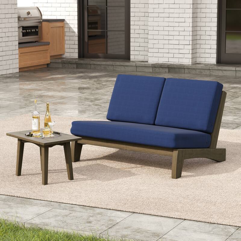 2-Piece Outdoor Teak Wood Loveseat Patio Set with Side Table - Navy-Separate Cushion - Natural Frame
