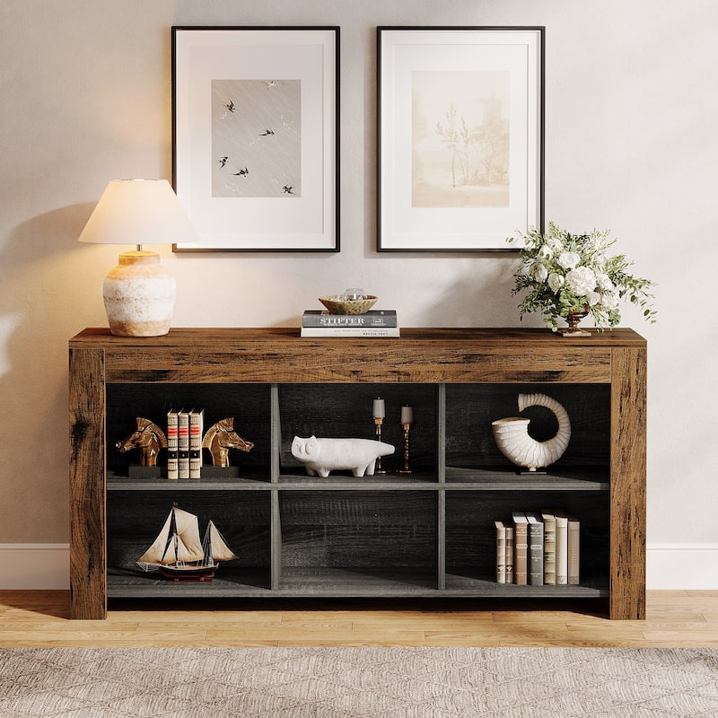 Long Console Table, Rustic Wood Entryway Table with 6 Storage Cubes