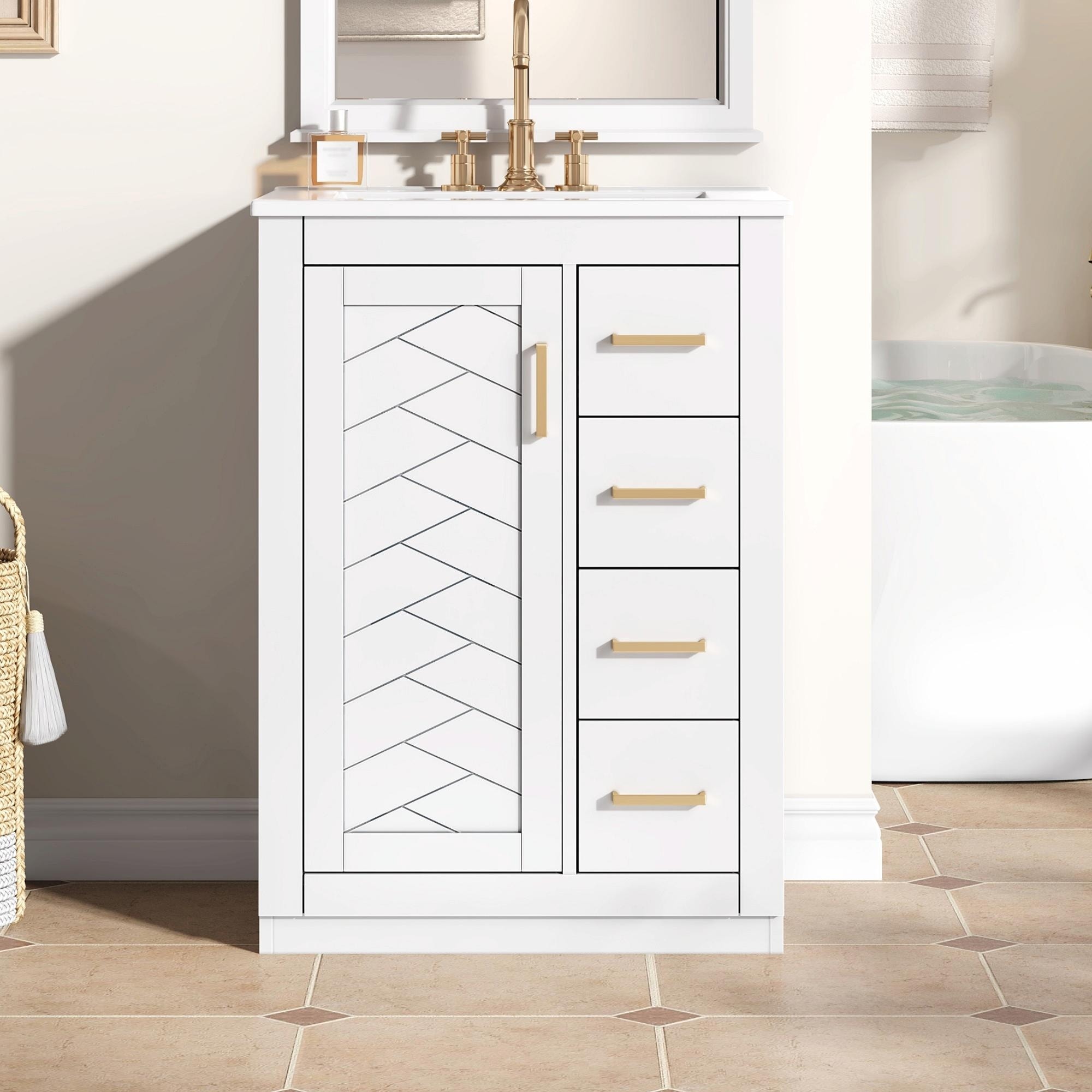 24" Bathroom Vanity with Integrated Ceramic Sink, Cabinet with 1 Door and 3 Drawers