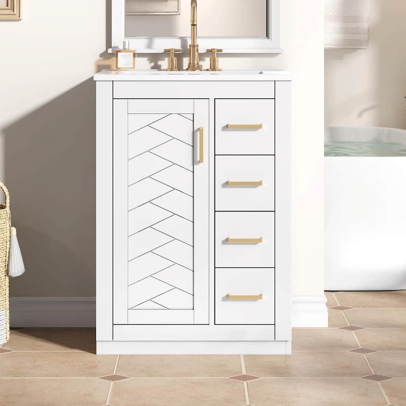 24" Bathroom Vanity with Integrated Ceramic Sink, Cabinet with 1 Door and 3 Drawers - White