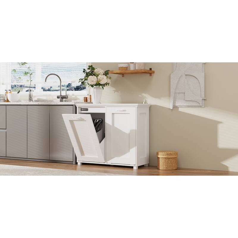 Ozone Deodorizing Trash Bin Cabinet Trash Cabinet, Wooden Kitchen Garbage Bin Storage Cabinet with Hidden Bins, White