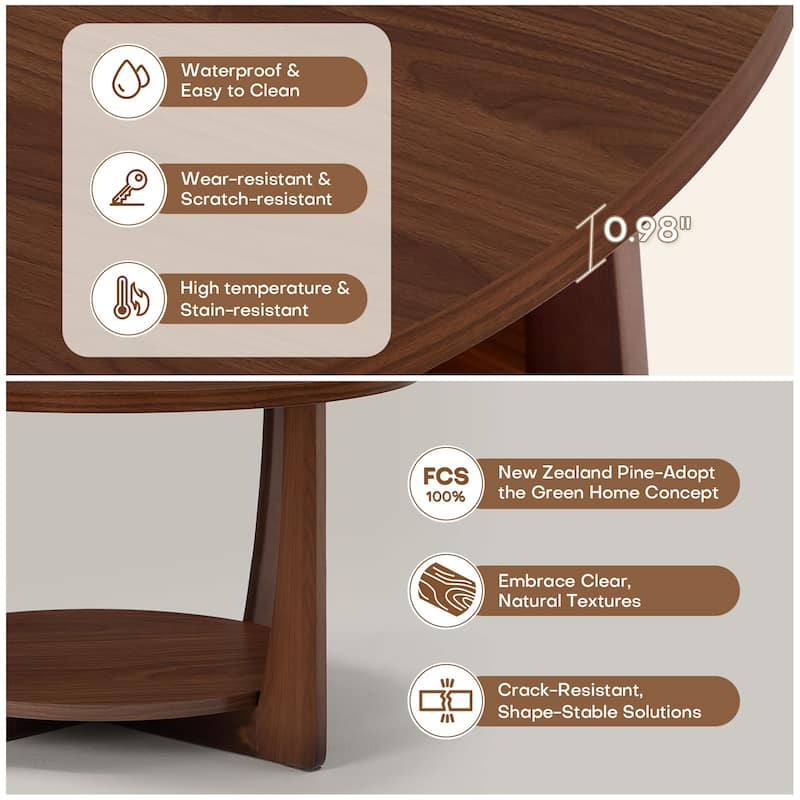 31.5" Round Coffee Table with Solid Wood Legs and 2-Tier Storage - 31.5"Dia x 17.72"H