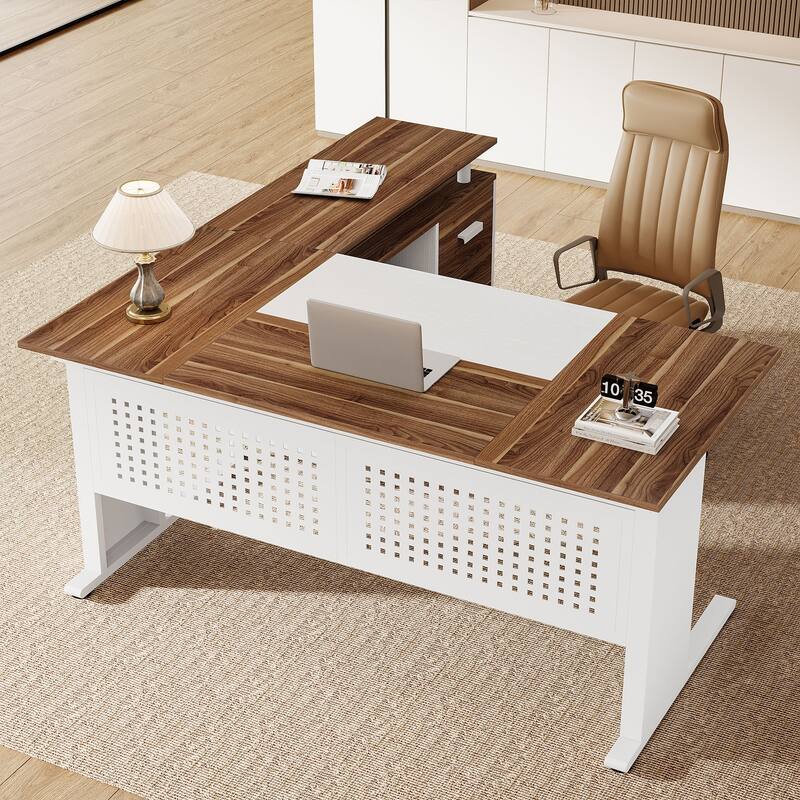 63-Inch L-Shaped Executive Desk with Storage Shelves